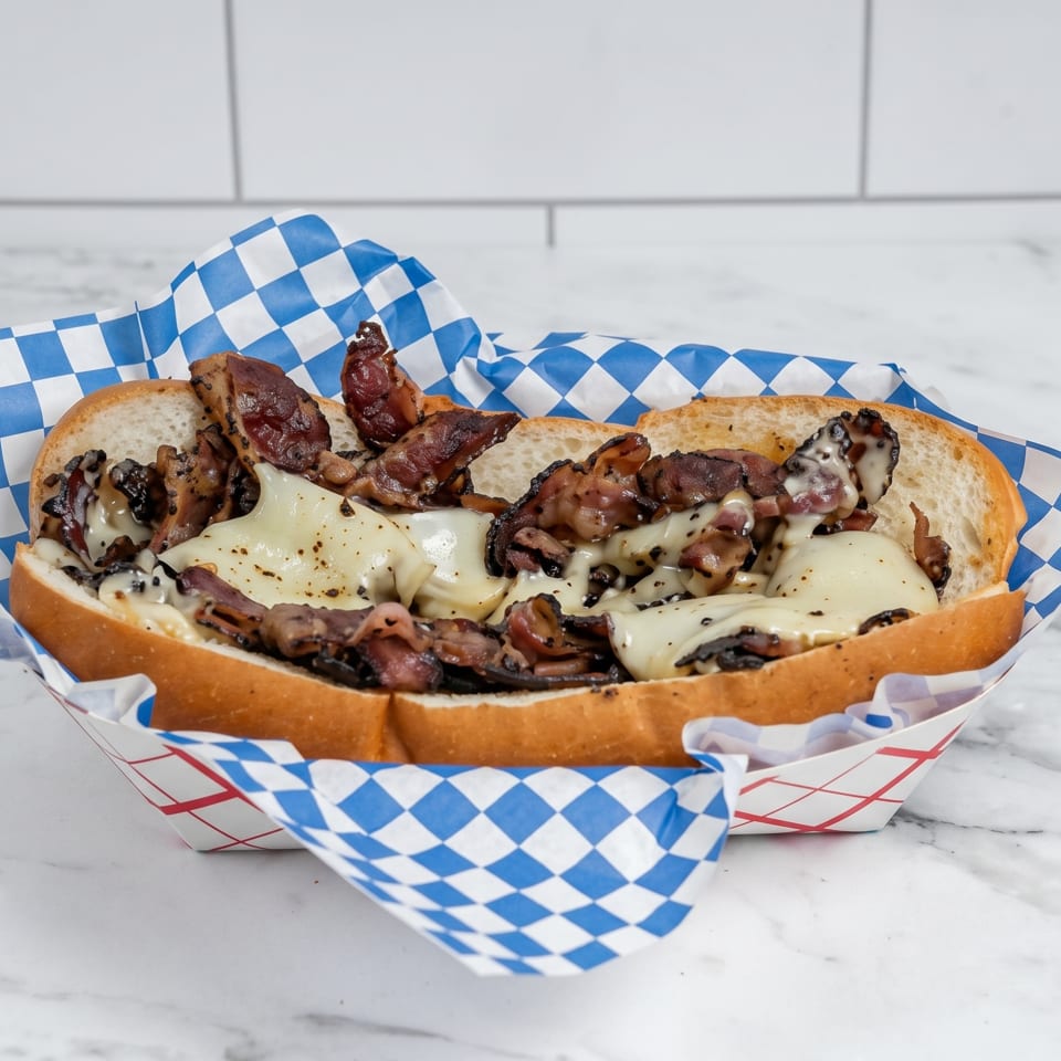 A cheesesteak sandwich with melted cheese and steak in a blue and white checkered paper tray.