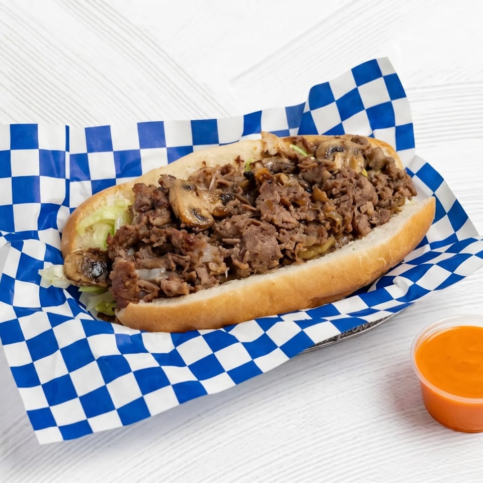 Cheesesteak sandwich with mushrooms and onions in a blue and white checkered paper, with a side of sauce.