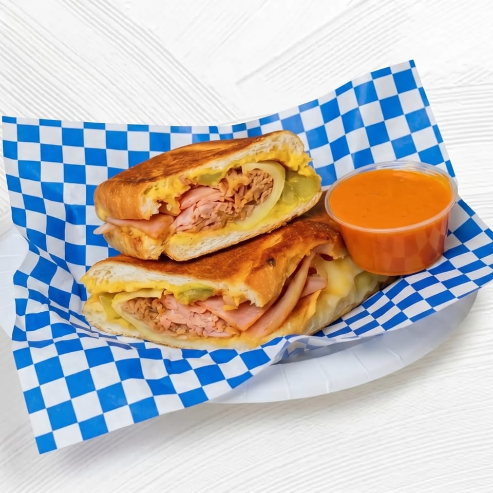 A Cuban sandwich cut in half, served on blue and white checkered paper with a side of orange sauce.